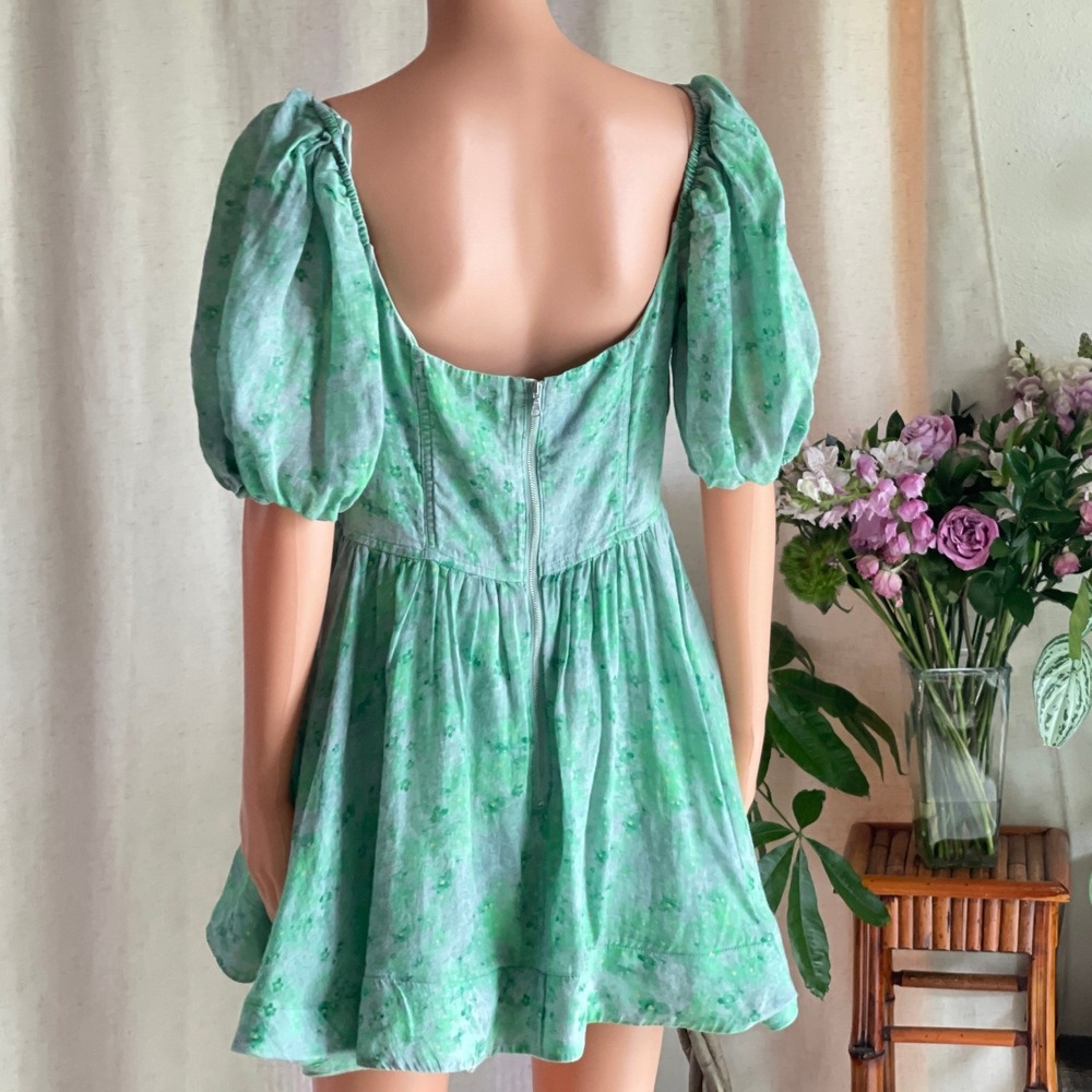 Bardot Kiah Floral Puff Sleeve Corset Mini Dress Green Ramie Cottagecore Size 10 - Picture 4 of 7